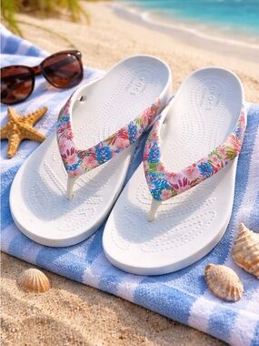 Crocs Flip Flops Women’s 9 White Floral Comfort Sandals Beach Casual